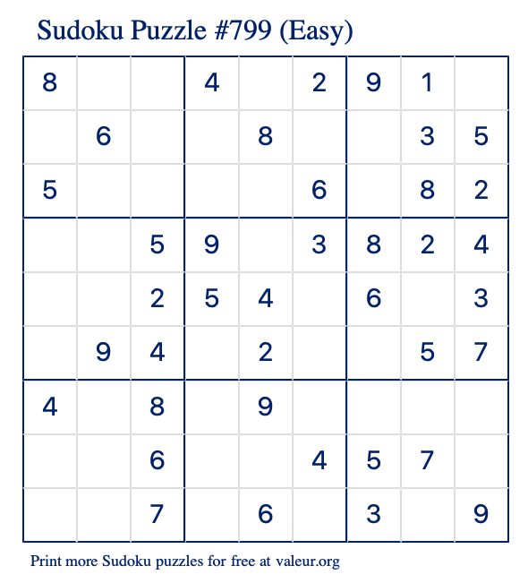 Free Printable Easy Sudoku Puzzle number 799