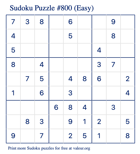 Free Printable Easy Sudoku Puzzle number 800