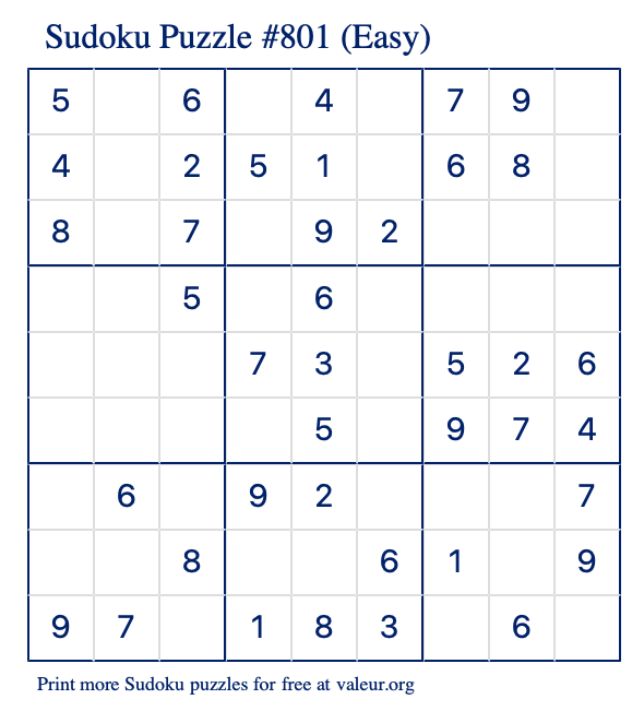 Free Printable Easy Sudoku Puzzle number 801