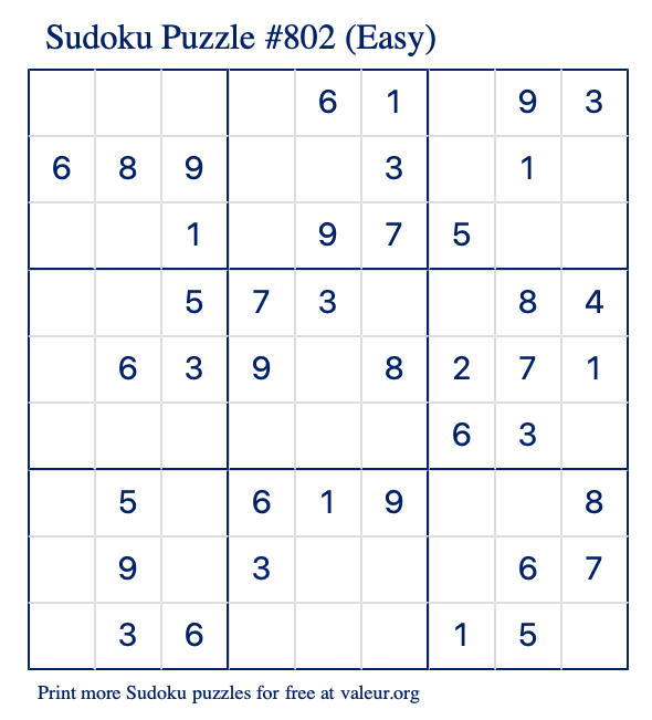 Free Printable Easy Sudoku Puzzle number 802