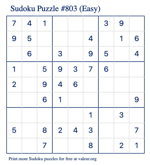 Free Printable Easy Sudoku Puzzle number 803