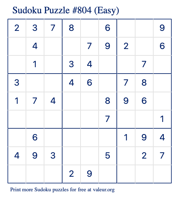 Free Printable Easy Sudoku Puzzle number 804