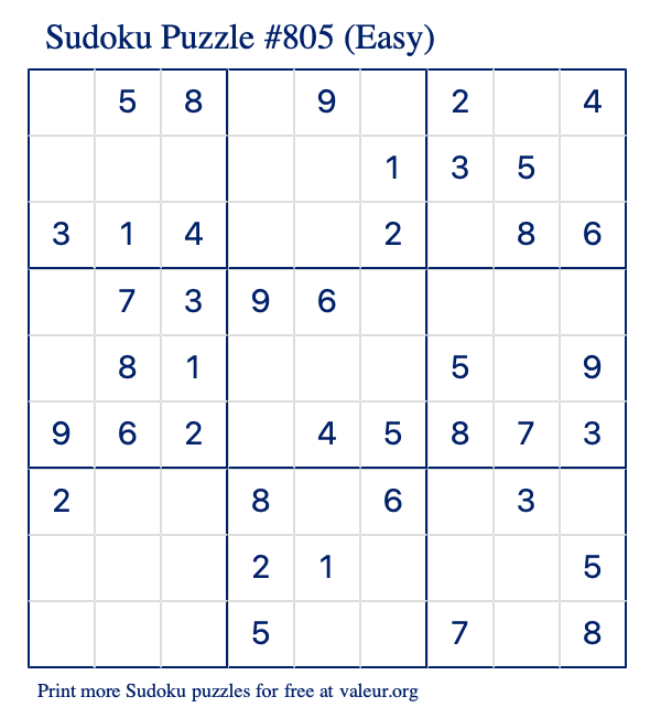 Free Printable Easy Sudoku Puzzle number 805