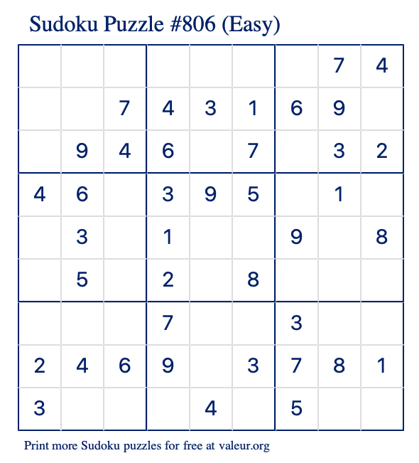 Free Printable Easy Sudoku Puzzle number 806