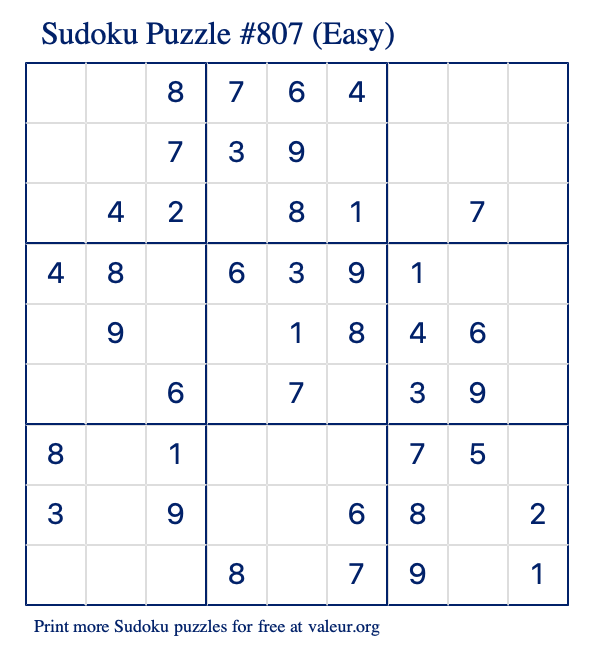 Free Printable Easy Sudoku Puzzle number 807
