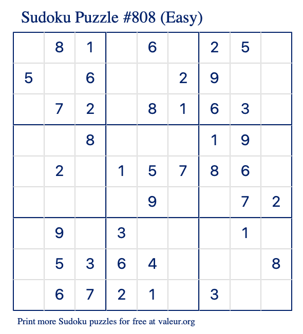 Free Printable Easy Sudoku Puzzle number 808