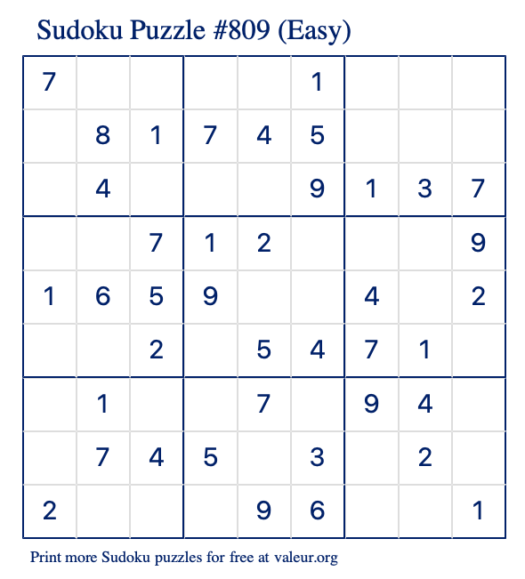 Free Printable Easy Sudoku Puzzle number 809