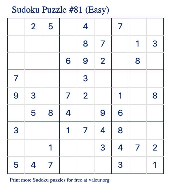 Free Printable Easy Sudoku Puzzle number 81