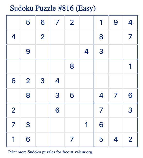Free Printable Easy Sudoku Puzzle number 816