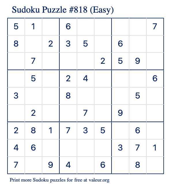 Free Printable Easy Sudoku Puzzle number 818