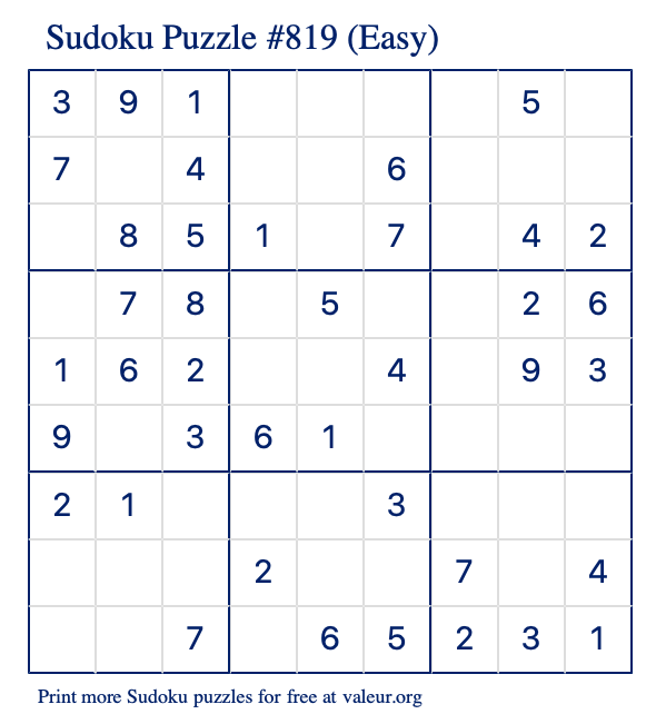 Free Printable Easy Sudoku Puzzle number 819