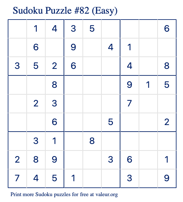 Free Printable Easy Sudoku Puzzle number 82