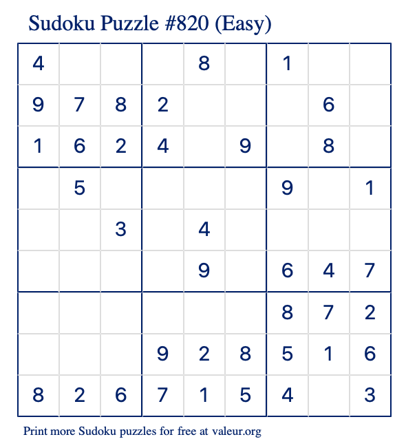 Free Printable Easy Sudoku Puzzle number 820