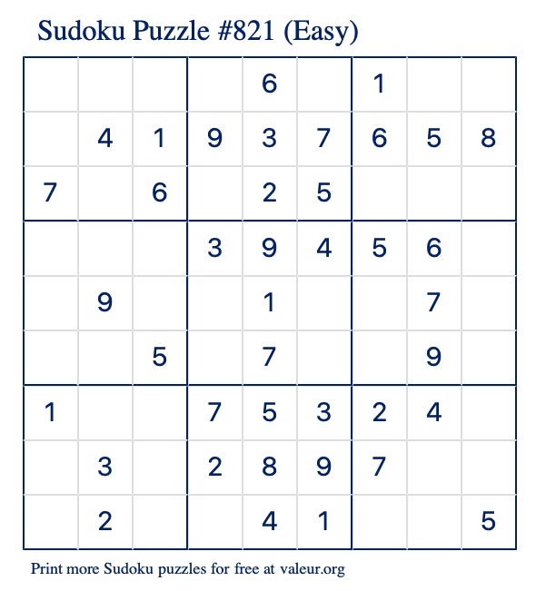 Free Printable Easy Sudoku Puzzle number 821