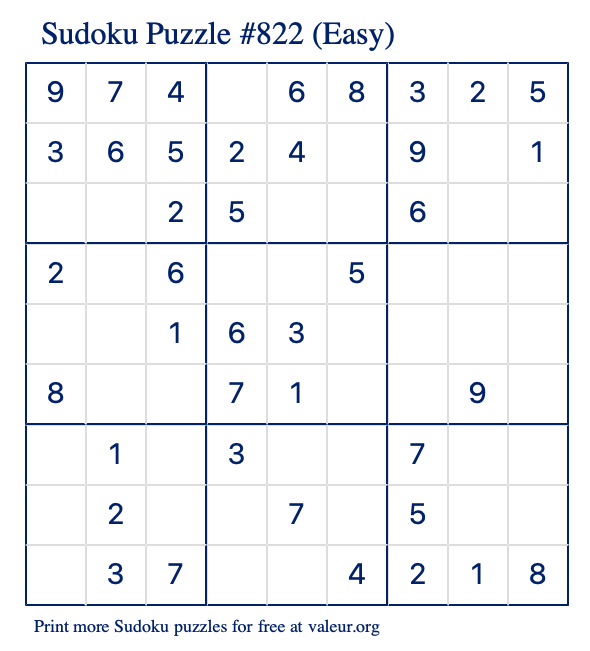 Free Printable Easy Sudoku Puzzle number 822