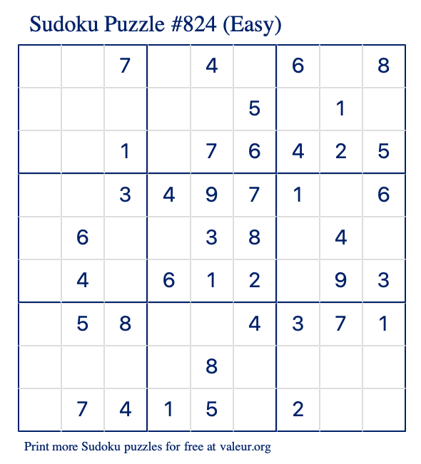 Free Printable Easy Sudoku Puzzle number 824