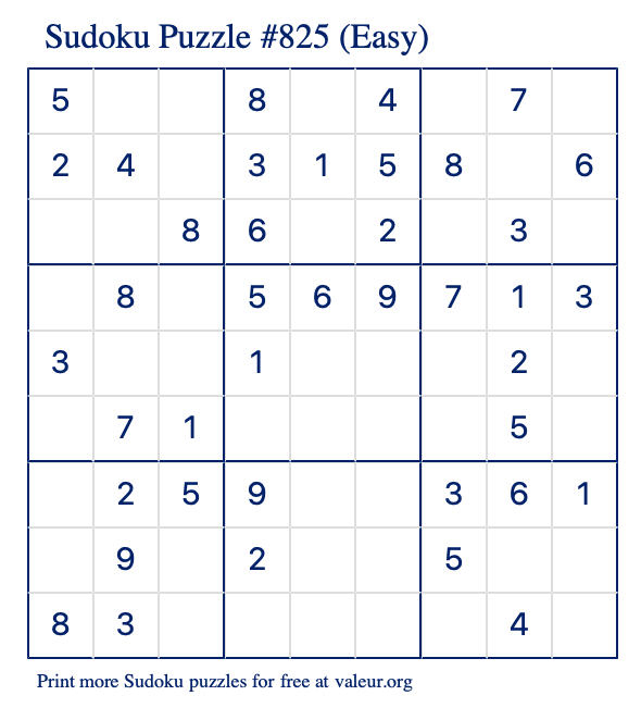 Free Printable Easy Sudoku Puzzle number 825