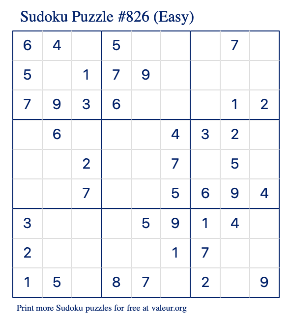 Free Printable Easy Sudoku Puzzle number 826