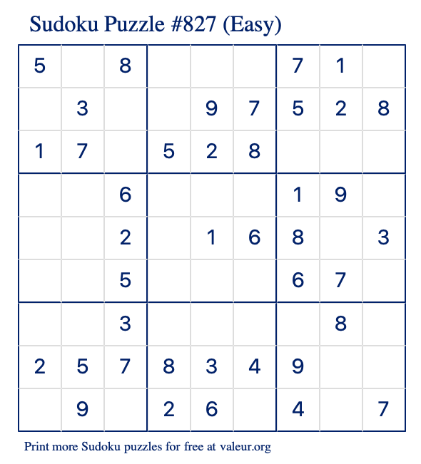 Free Printable Easy Sudoku Puzzle number 827