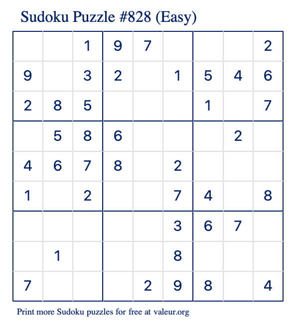 Free Printable Easy Sudoku Puzzle number 828