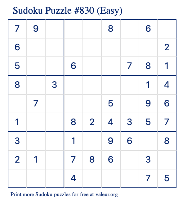 Free Printable Easy Sudoku Puzzle number 830