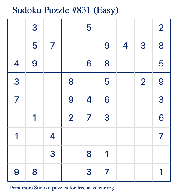 Free Printable Easy Sudoku Puzzle number 831