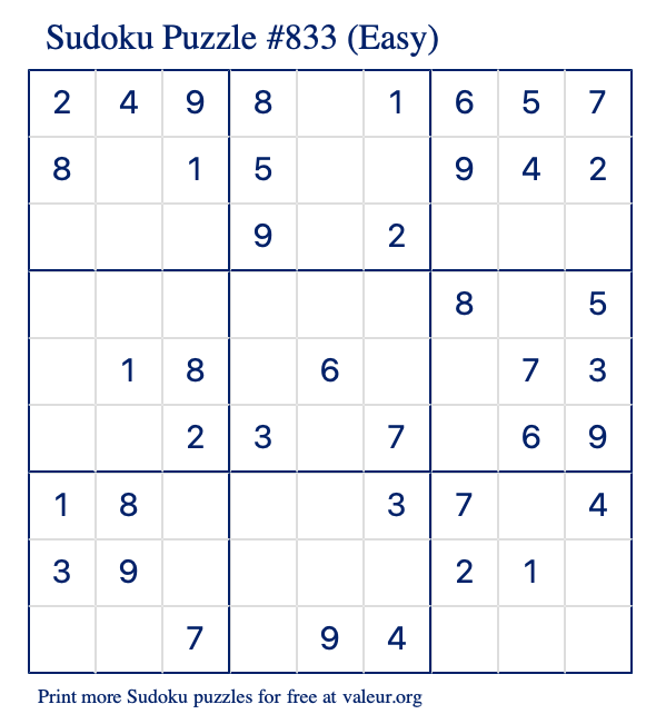 Free Printable Easy Sudoku Puzzle number 833