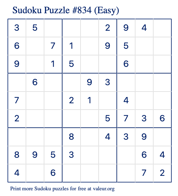 Free Printable Easy Sudoku Puzzle number 834