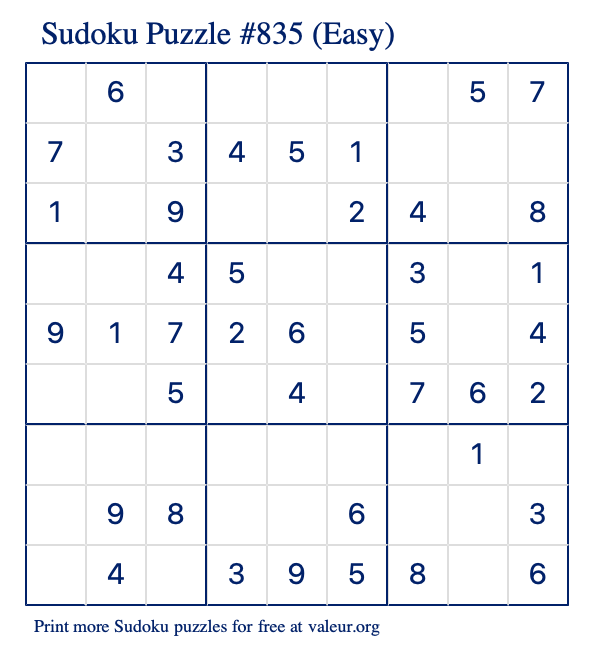 Free Printable Easy Sudoku Puzzle number 835