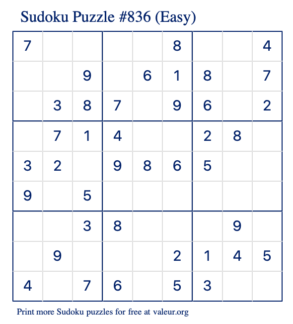 Free Printable Easy Sudoku Puzzle number 836