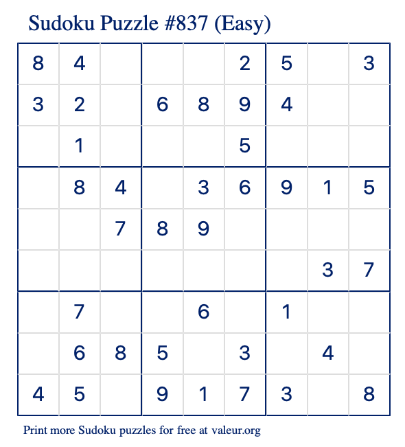 Free Printable Easy Sudoku Puzzle number 837