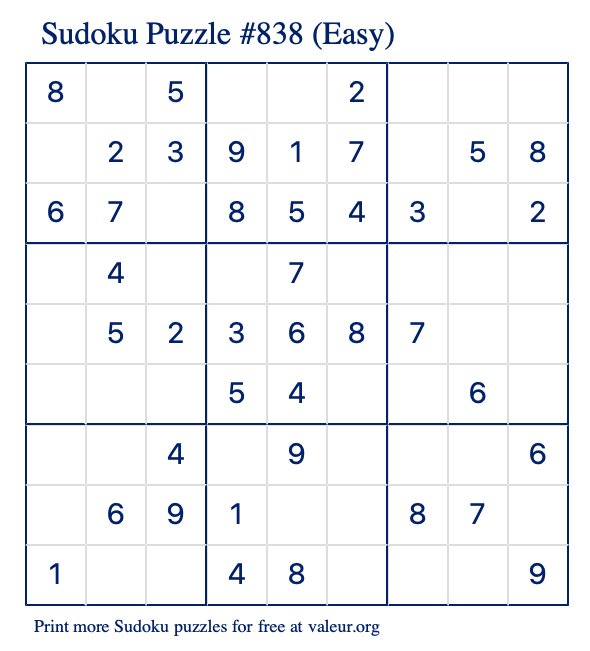 Free Printable Easy Sudoku Puzzle number 838