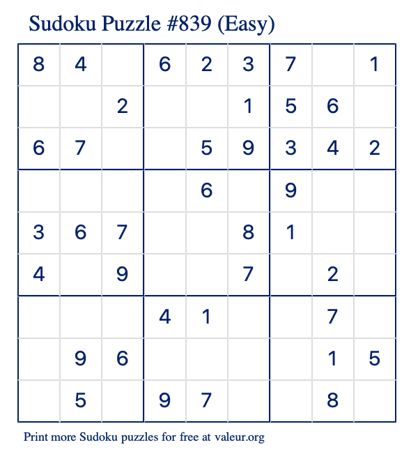 Free Printable Easy Sudoku Puzzle number 839