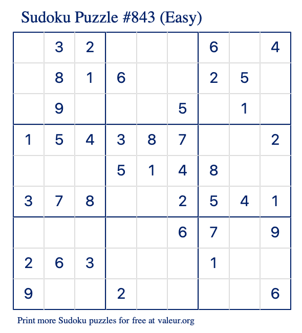 Free Printable Easy Sudoku Puzzle number 843