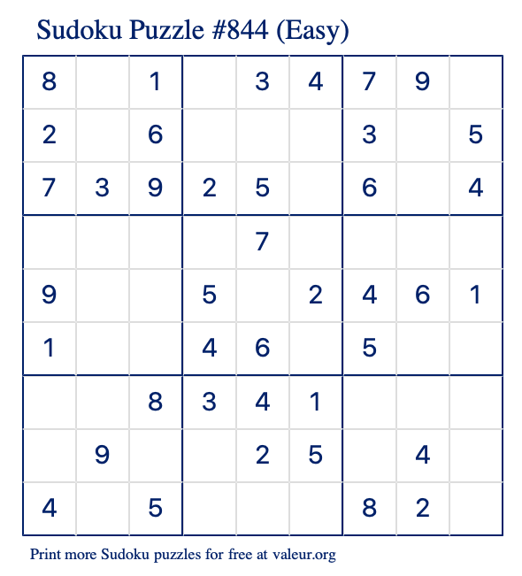 Free Printable Easy Sudoku Puzzle number 844