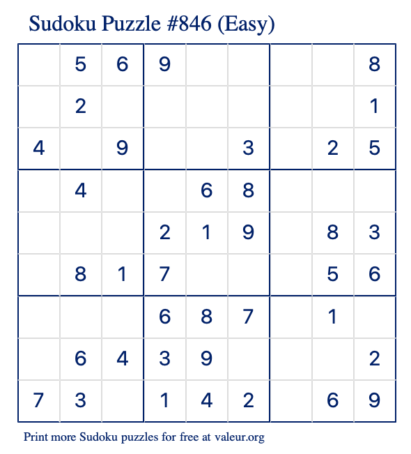 Free Printable Easy Sudoku Puzzle number 846