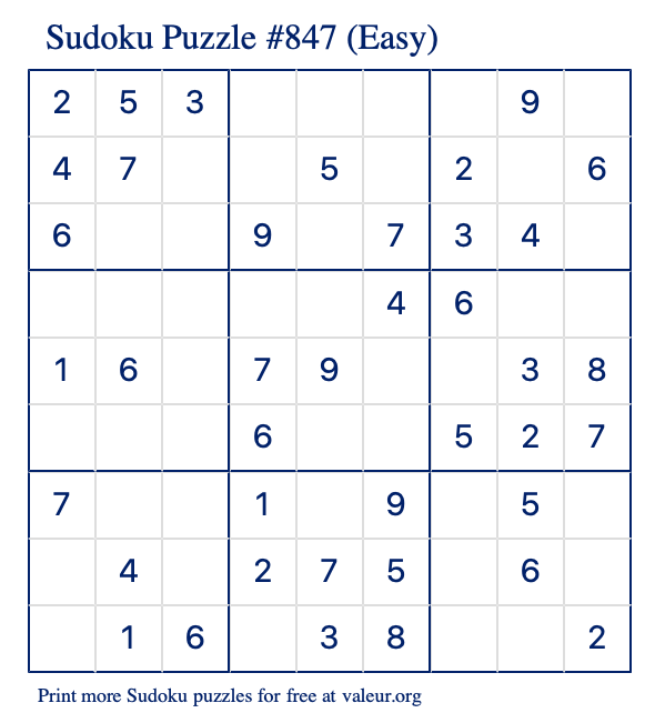 Free Printable Easy Sudoku Puzzle number 847