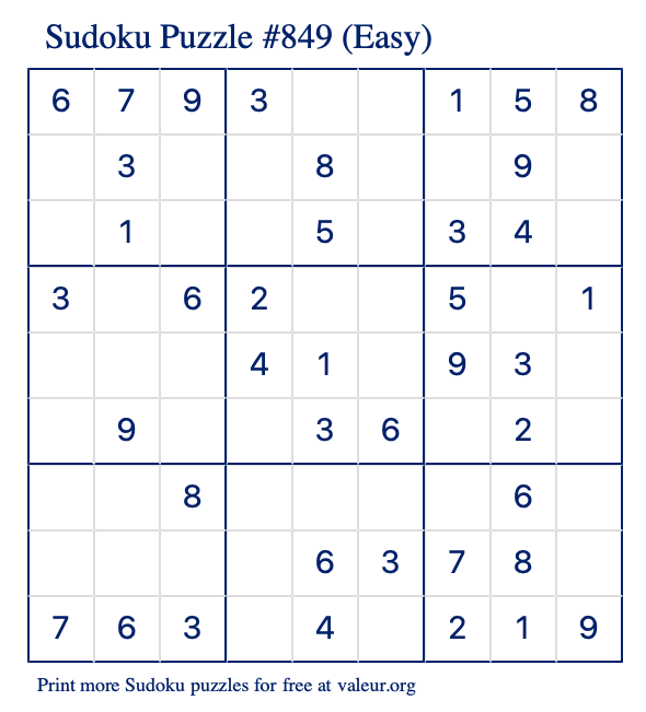 Free Printable Easy Sudoku Puzzle number 849