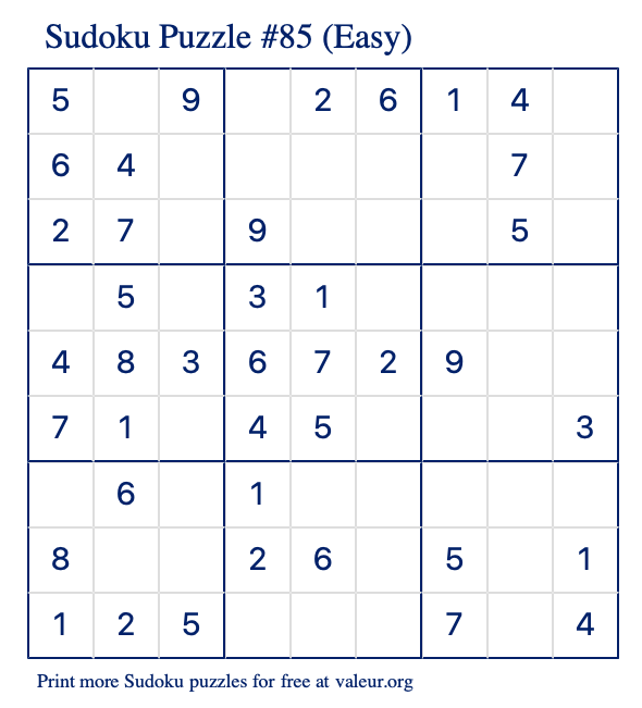 Free Printable Easy Sudoku Puzzle number 85