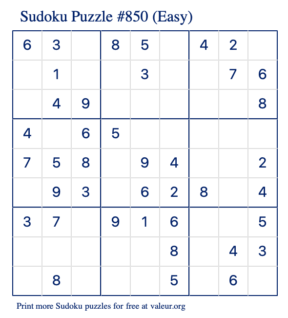 Free Printable Easy Sudoku Puzzle number 850