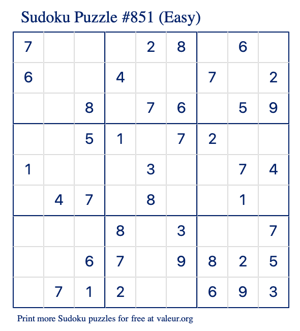 Free Printable Easy Sudoku Puzzle number 851