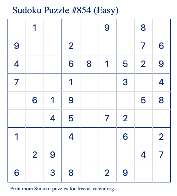 Free Printable Easy Sudoku Puzzle number 854