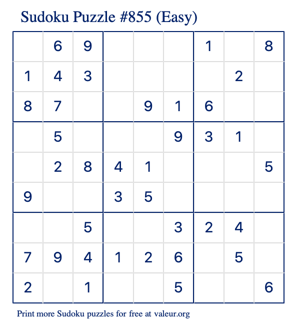 Free Printable Easy Sudoku Puzzle number 855