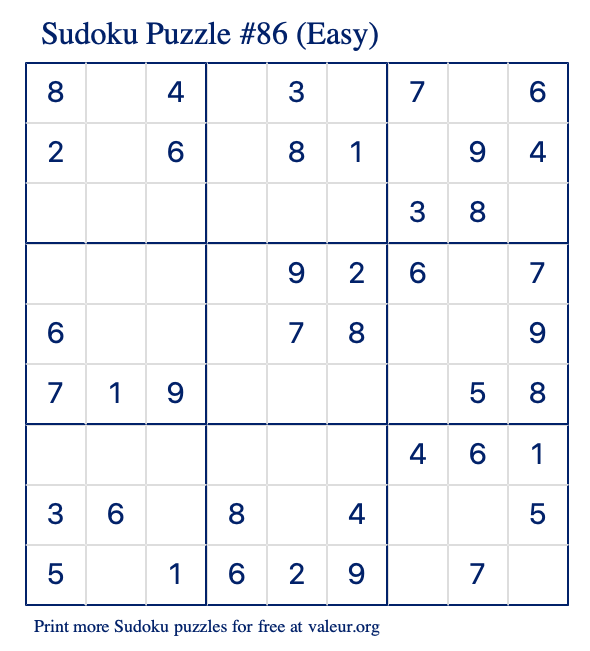 Free Printable Easy Sudoku Puzzle number 86