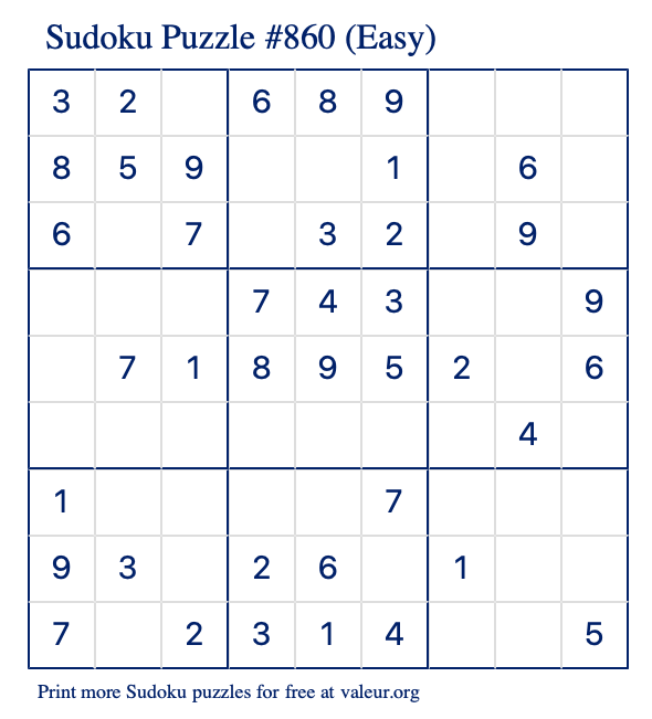 Free Printable Easy Sudoku Puzzle number 860