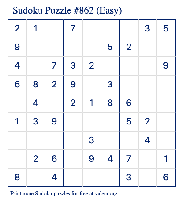 Free Printable Easy Sudoku Puzzle number 862