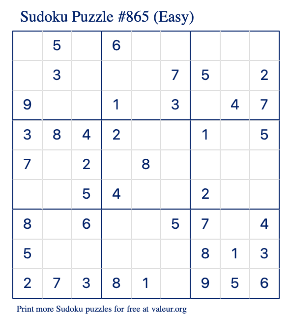 Free Printable Easy Sudoku Puzzle number 865
