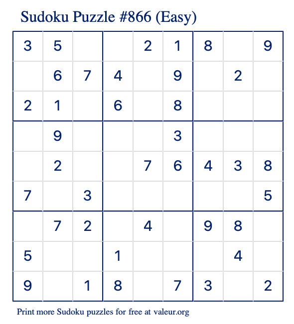 Free Printable Easy Sudoku Puzzle number 866