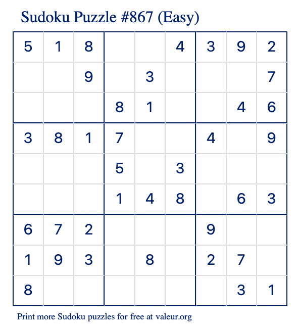 Free Printable Easy Sudoku Puzzle number 867