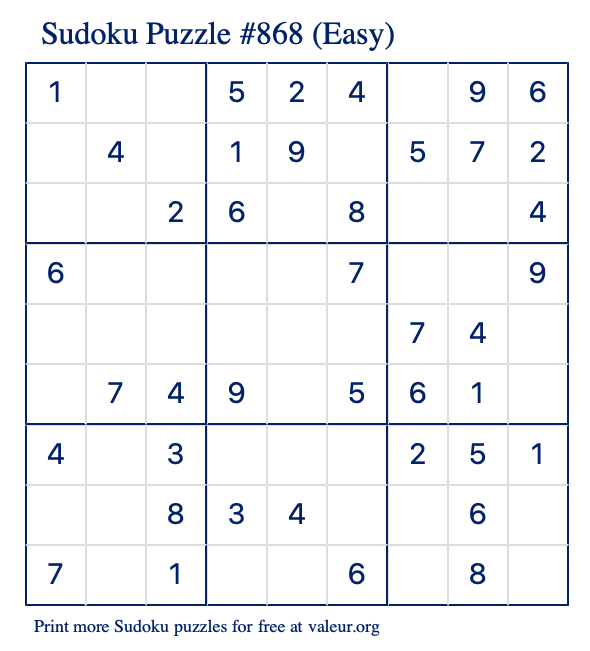 Free Printable Easy Sudoku Puzzle number 868